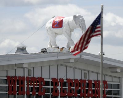 The  landmark elephant sits atop the White Elephant store on Sprague Avenue in Spokane Valley. After being restored, the famous display was returned to its perch in 2009. The store mascot was originally owned by the Armour Meat Packing Plant.bartr@spokesman.com (J. BART RAYNIAK)