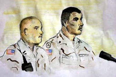 
An illustration by a U.S. Military court artist shows defense attorney U.S. Army soldier 1st Lt. Stanley L. Martin, left, and Spc. Jeremy C. Sivits in a courtroom in the 