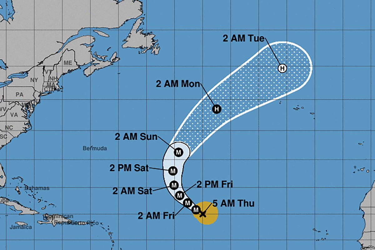 Hurricane Kirk cone of uncertainty as of 5 a.m. Thursday, Oct. 3, 2024.  (National Hurricane Center/TNS)