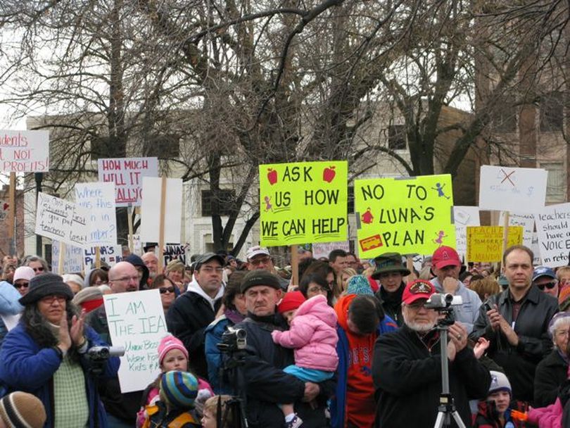 More than a thousand people packed closely into Capitol Park across from the state capitol on Monday, to rally against the proposed school-reform plan that would raise Idaho's class sizes, boost technology and cut hundreds of teaching jobs. (Betsy Russell)