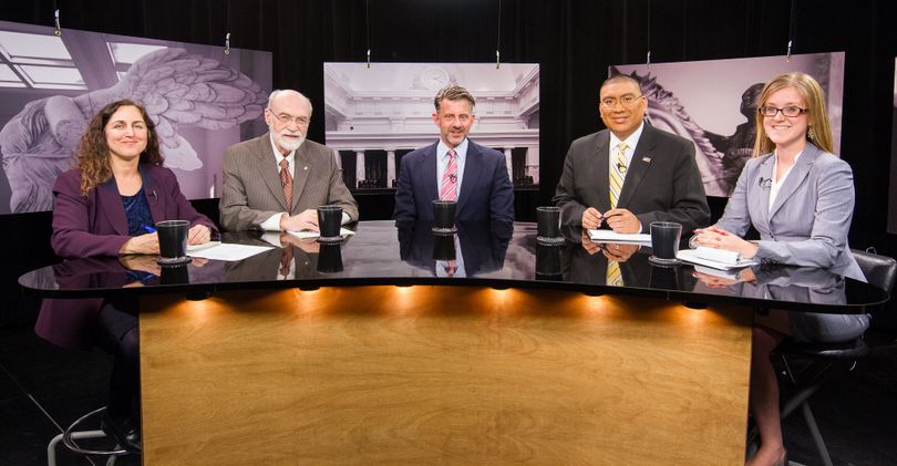 From left, Betsy Russell, Jim Weatherby, Bill Dentzer, and co-hosts Aaron Kunz and Melissa Davlin on Friday's 