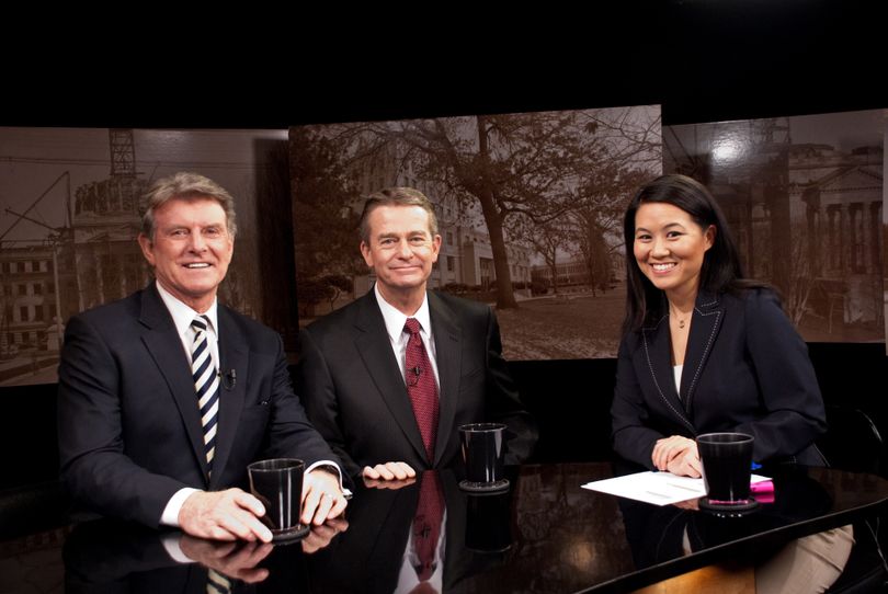 Gov. Butch Otter and Lt. Gov. Brad Little were interviewed on Idaho Reports on Friday by host Thanh Tan, right. (Courtesy photo / Idaho Public Television)