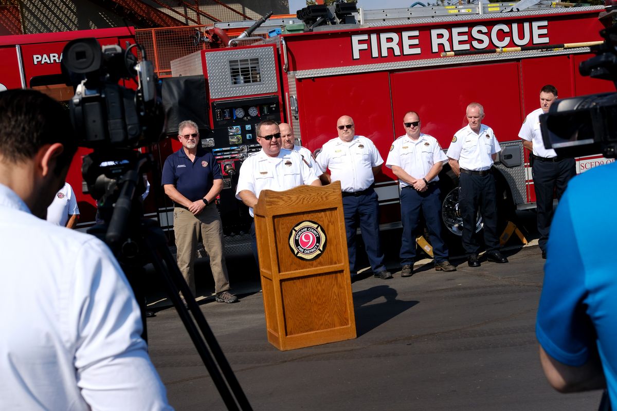 Bobby Shindelar, Division Chief for Spokane County Fire District 9 speaks during a press conference on Monday, Jun 21, 2021, at Spokane County Fire District 9 in Mead, Wash after Lt. Cody Traber was killed in the line of duty at on Thursday, Aug. 26 while answering a fire call in north Spokane, near Highway 395 and Wandermere Road.  (Tyler Tjomsland/The Spokesman-Review)