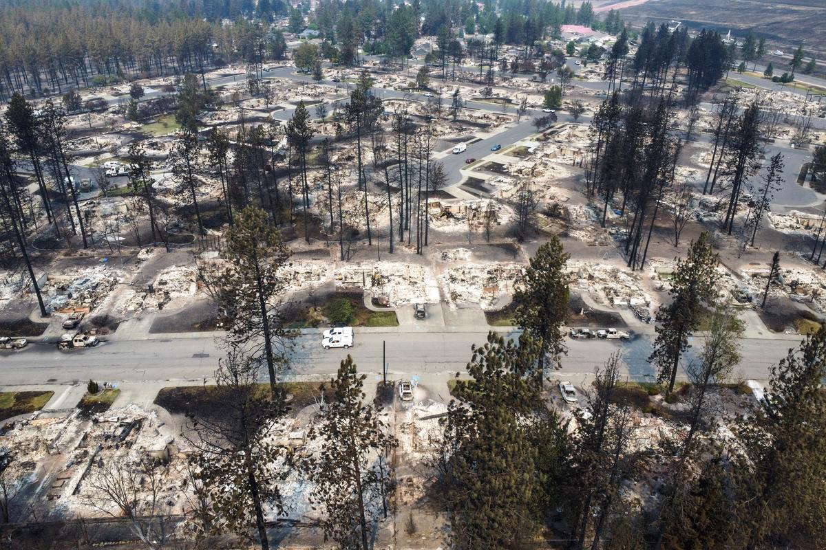 Aerial view of homes destroyed by the Old Trails wildfire in Spokane