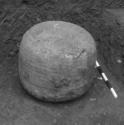 
A bronze urn in which archaeologists discovered 2,700-year-old fabric remains is seen in this  photo from the Greek Culture Ministry. 
 (Associated Press / The Spokesman-Review)