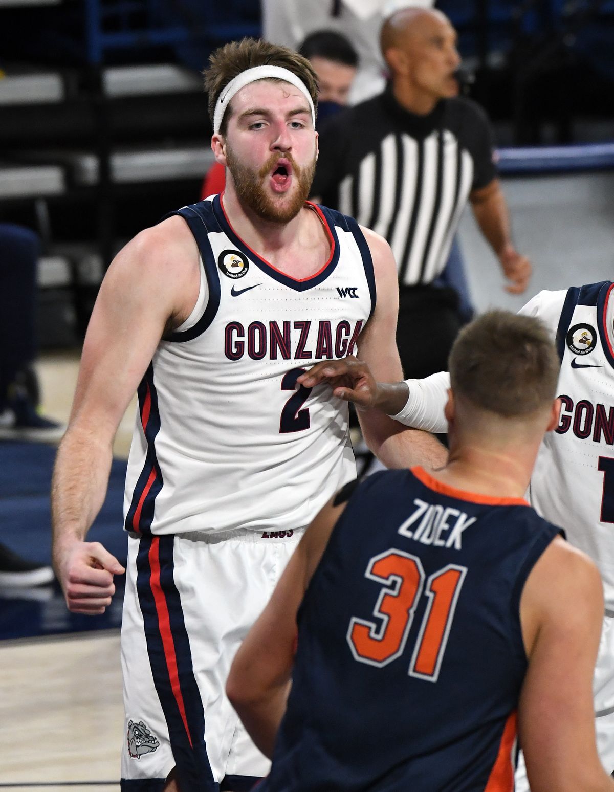Gonzaga forward Drew Timme celebrates two of his 20 points against Pepperdine on Thursday night at the McCarthey Athletic Center.  (Colin Mulvany/THE SPOKESMAN-REVIEW)