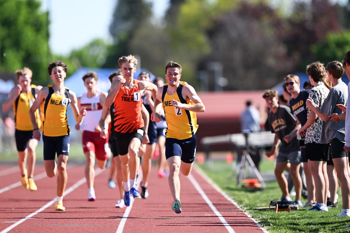 Mead’s Andersen Williams wins the 800m with a time of 1:56.95 and teammate Jonah Wiser out-kicks Lewis and Clark’s Aaron Garberg for second during the GSL 4A/3A Championships on Tuesday, May 5, 2026, in Cheney, Wash. (Tyler Tjomsland/The Spokesman-Review)