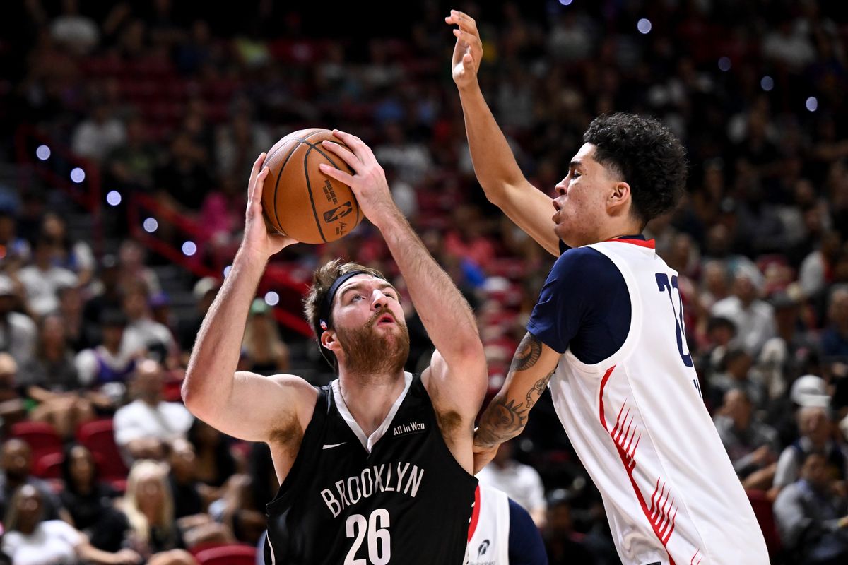 Brooklyn Nets forward Drew Timme shoots during an NBA Summer League game against the Washington Wizards on Sunday in Las Vegas. (Tyler Tjomsland/The Spokesman-Review)