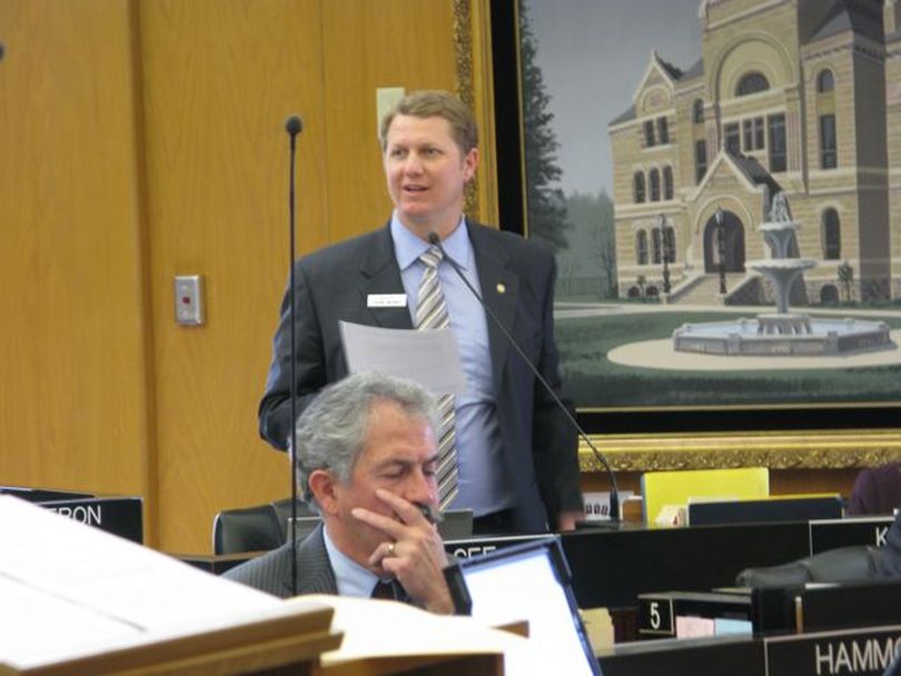 Senate Transportation Chairman John McGee pitches a gas tax increase to the Senate on Monday. (Betsy Russell / The Spokesman-Review)