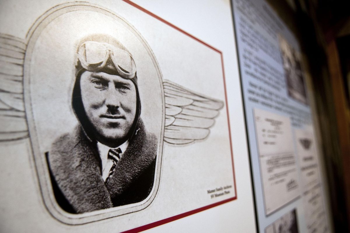 Nick Mamer, the pilot who did an inflight refueling mission from Felts Field to New York and back is the subject of a new exhibit at Spokane Valley Heritage Museum photographed on Friday, August 9, 2019. (Kathy Plonka / The Spokesman-Review)