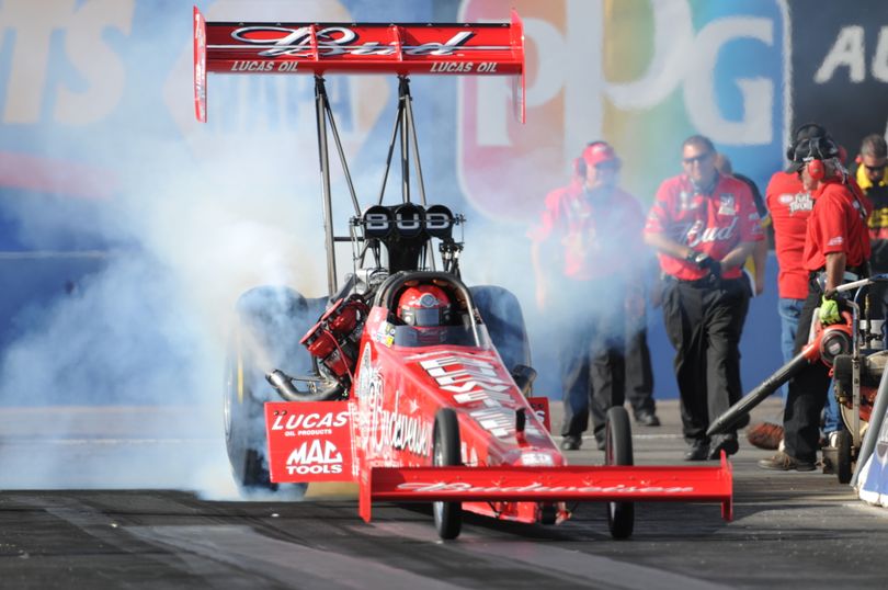 Brandon Bernstein off the line in his Budweiser/Lucas Oil Top Fuel dragster. (Photo courtesy of NHRA) (The Spokesman-Review)