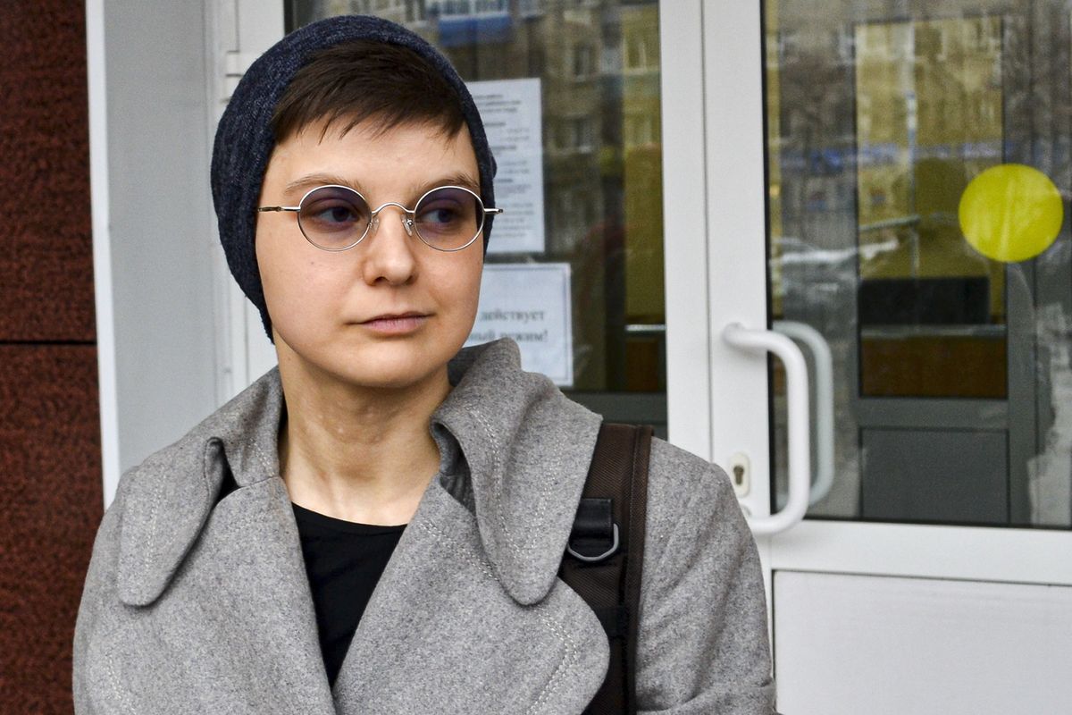 Feminist activist and artist Yulia Tsvetkova leaves after a court session in Komsomolsk-on-Amur, Russia, Monday, April 12, 2021. A Russian court on Monday opened the trial of Yulia Tsvetkova charged with disseminating pornography after she shared artwork depicting female genitalia online -- a case in line with the Kremlin’s conservative stance promoting “traditional family values.”  (Alexander Permyakov)