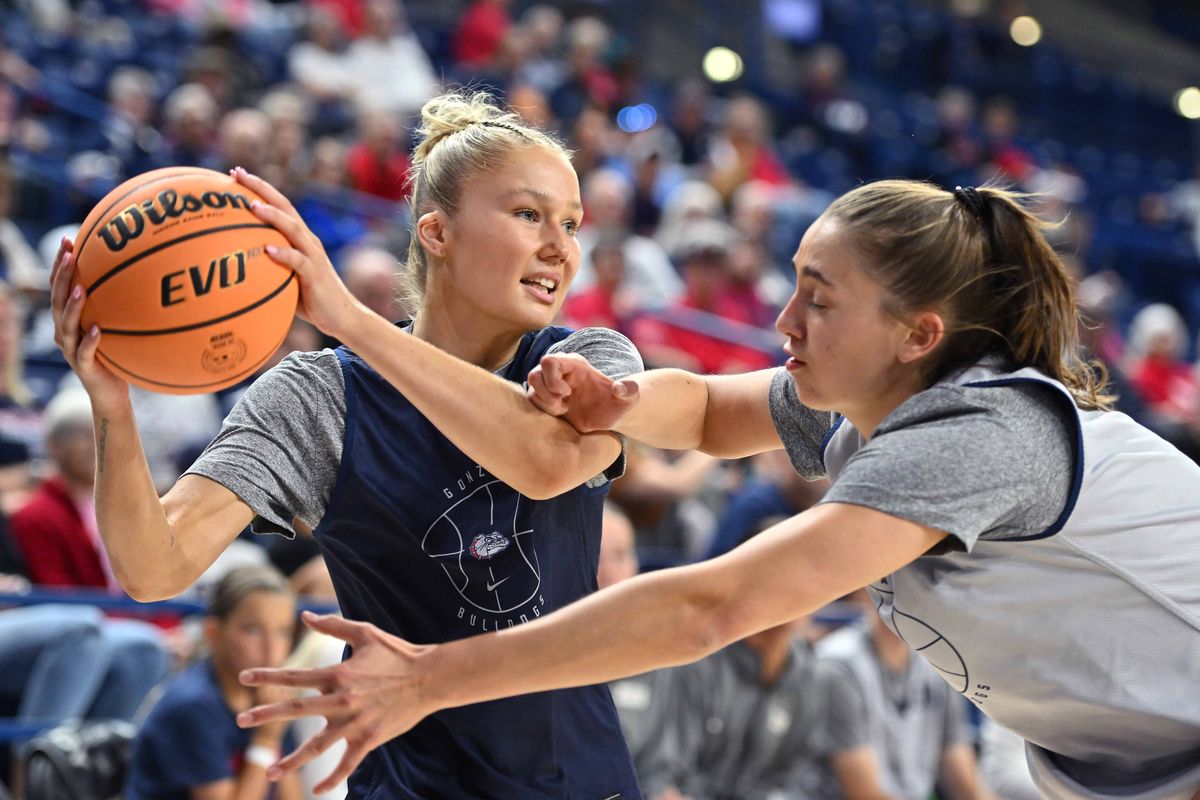 Gonzaga Bulldogs guard Esther Little (0) controls the ball against Gonzaga Bulldogs guard Inês Bettencourt (8) during Fan Fest on Sat. Oct. 12, 2024 at the McCarthey Athletic Center on in Spokane WA.  (James Snook)