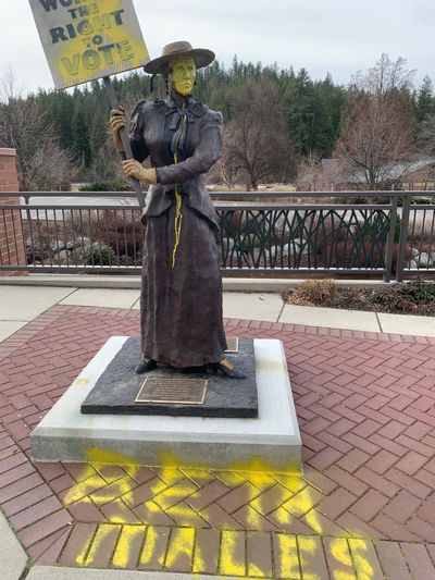 Coeur d’Alene police say someone vandalized the suffragette statue at 6th Street and Sherman Avenue.  (Courtesy of Coeur d'Alene Police Department)