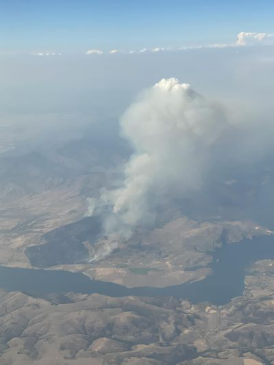 An aerial view of the Swawilla Fire north of Lake Roosevelt taken July 21.  (Northern Rockies Incident Management Team)