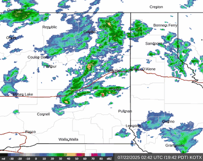 Radar from the National Weather Service showed rain falling in much of the Inland Northwest just before 8 p.m. Monday.  (National Weather Service radar)