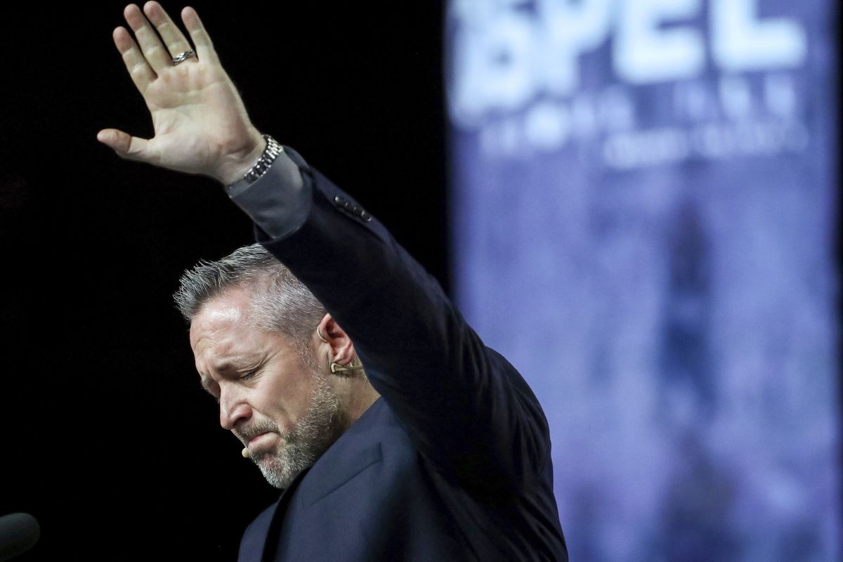 In this Wednesday, June 12, 2019 photo, J. D. Greear, president of the Southern Baptist Convention, talks about sexual abuse within the SBC on the second day of the SBC