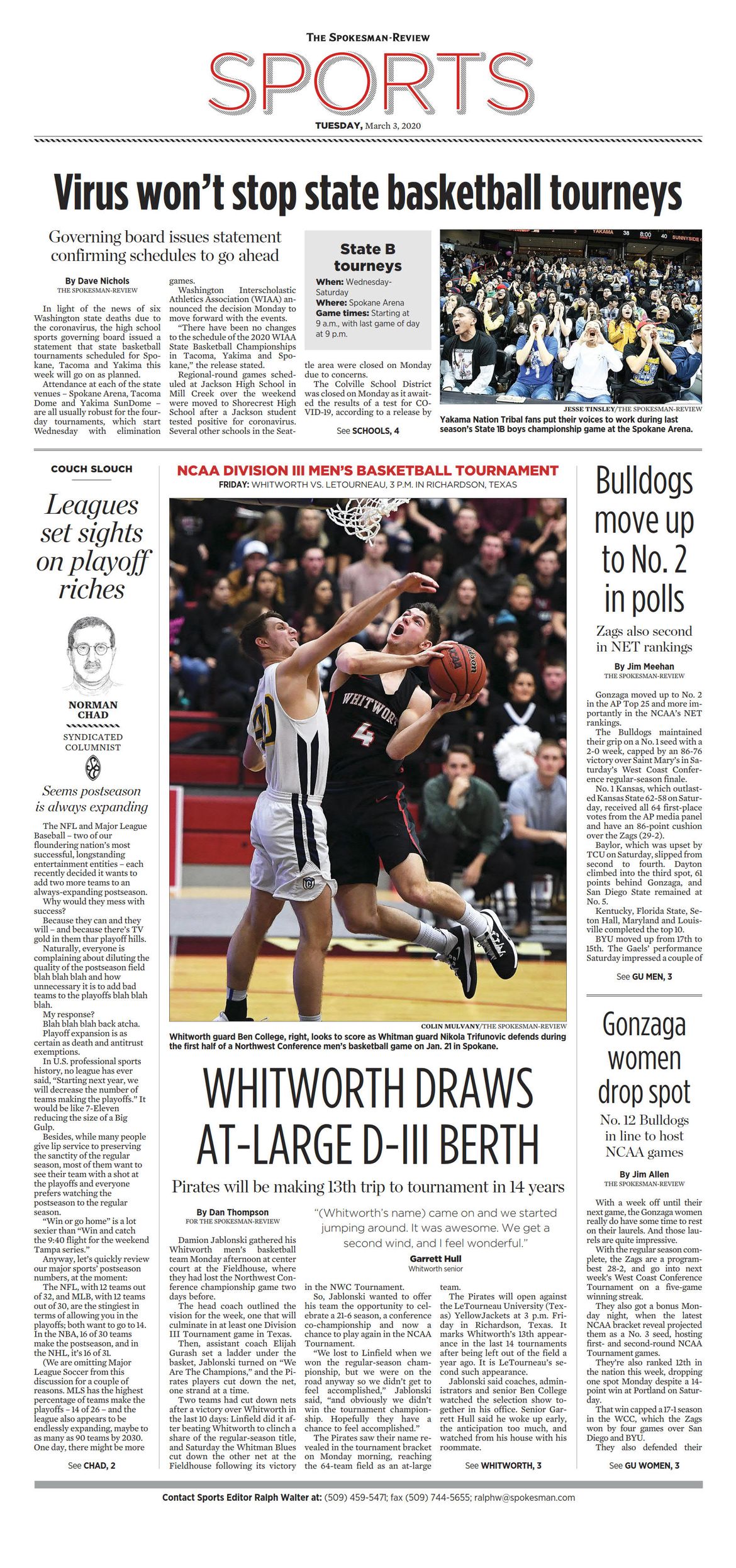 Sports Front Page for March 3, 2020 | The Spokesman-Review