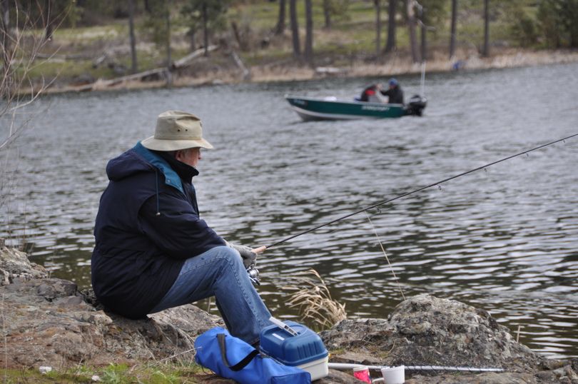 Anglers were in boats and fishing from shore at West Medical Lake for the opening day of Washington's lowland lake fishing season. (Rich Landers)