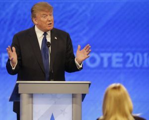 Republican presidential candidate, businessman Donald Trump answers a question during a Republican presidential primary debate hosted by ABC News at the St. Anselm College Saturday in Manchester, N.H. (AP Photo/David Goldman) 