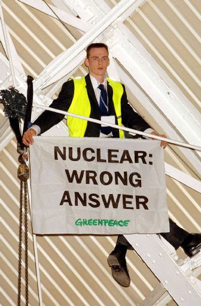 
 A protest before British Prime Minister Tony Blair's speech on Britain's energy needs Nov. 29 forced him to speak at another venue. Nuclear power is being considered more frequently as an option in Europe as energy costs rise. 
 (Associated Press / The Spokesman-Review)