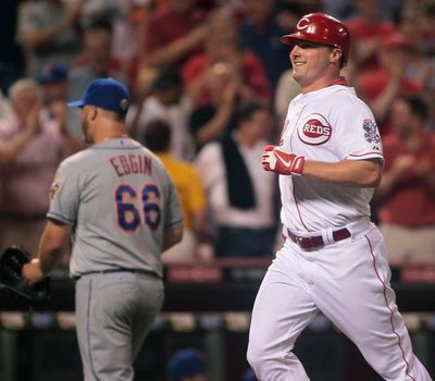 Reds' Jay Bruce was all smiles after winning three-run homer in ninth. (Associated Press)