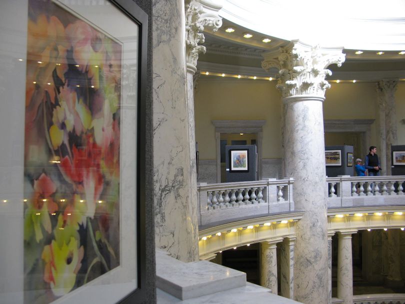 Annual Idaho Watercolor Society art show fills the fourth-floor rotunda of the state Capitol on Monday (Betsy Russell)