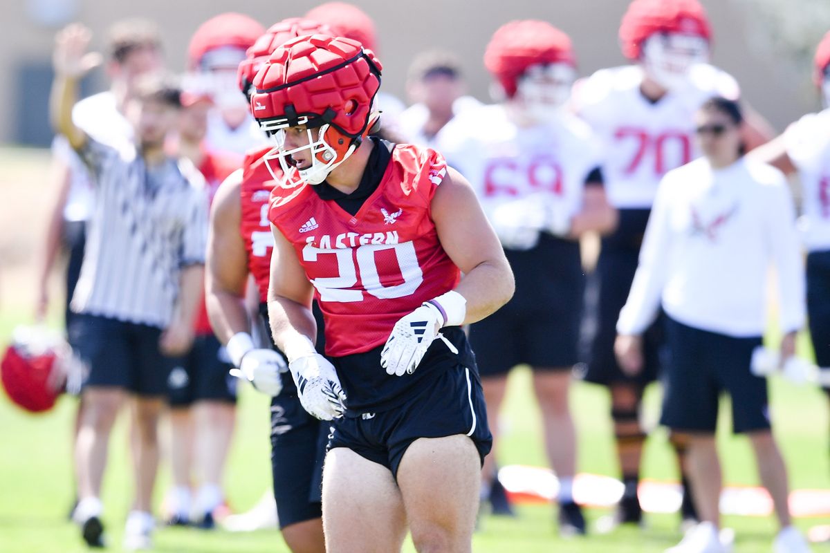 EWU linebacker Ben Allen (20) runs during the first of EWU’s fall practices on Thursday, Aug. 3, 2023, at EWU in Cheney, Wash.  (Tyler Tjomsland/The Spokesman-Review)