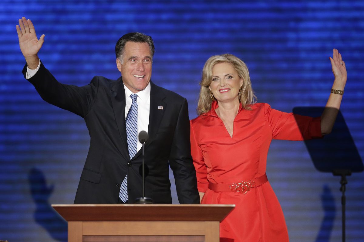 Ann Romney, waves with her husband Republican presidential nominee Mitt Romney during the Republican National Convention in Tampa, Fla., on Tuesday, Aug. 28, 2012. (J. Applewhite / Associated Press)