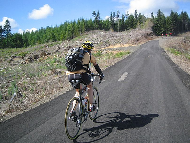 Bikers head into the trails at 49 Degrees North during the Tour de Rock event. (Courtesy photo)