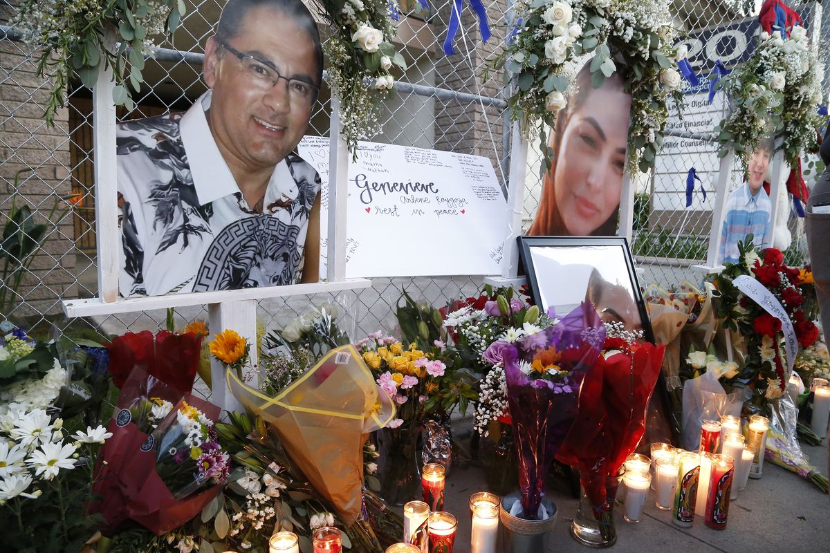 In this photo provided by Guillermo Lefranc, members of the community and family members hold a vigil outside the scene of a shooting in Orange, Calif., Sunday, April 4, 2021. Police say that suspect Aminadab Gaxiola Gonzalez had targeted mobile home brokerage company Unified Homes and had personal and business relationships with the victims. Authorities identified the people killed in the California attack as Luis Tovar, 50, shown in picture at left, who owned Unified Homes; Leticia Solis Guzman, 58; and Jenevieve Raygoza, 28, shown in center picture, and her brother Matthew Farias, 9, shown in photo at right.  (Guillermo Lefranc)