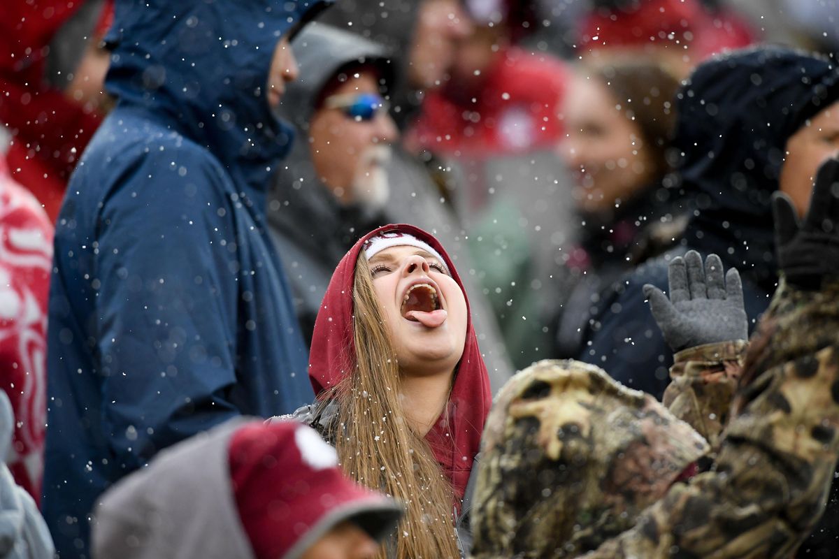 A WSU fan enjoys a snow flurry during the first half of a college football game on Saturday, November 4, 2017, at Martin Stadium in Pullman, Wash. WSU led 14-7 at the half. (Tyler Tjomsland / The Spokesman-Review)