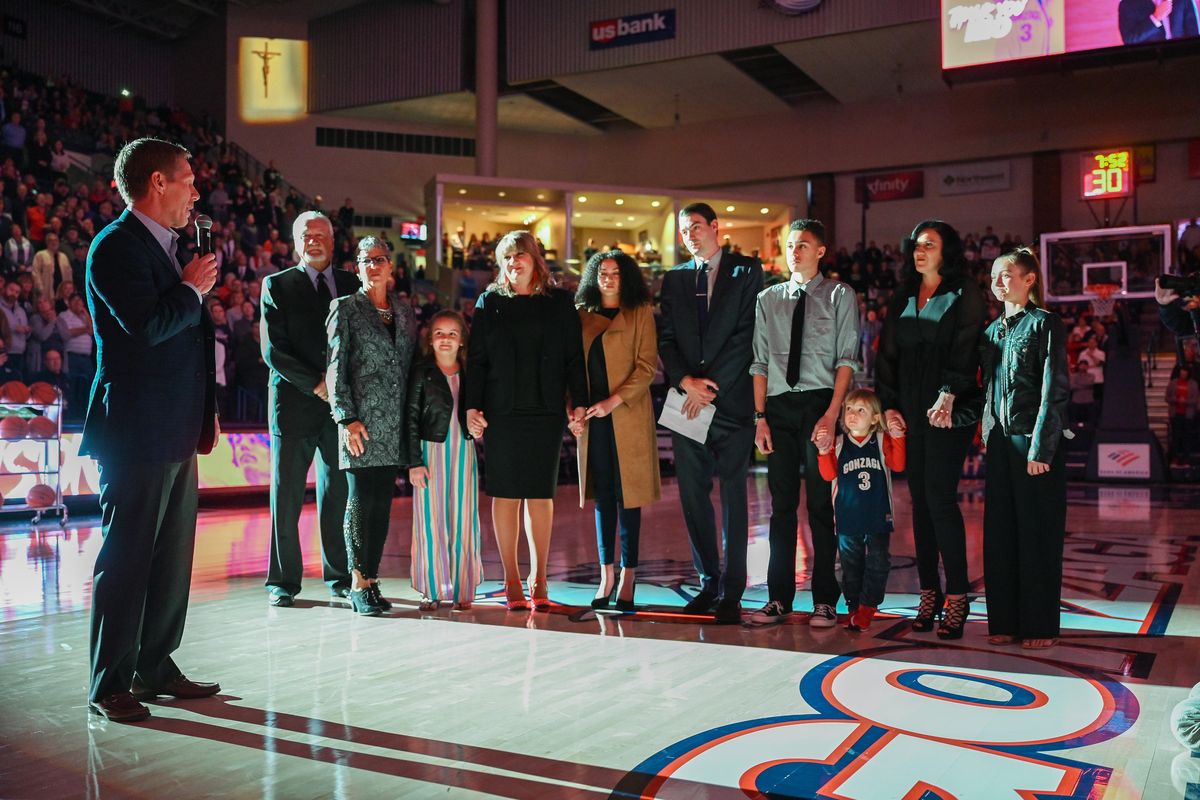 Before the Zags game with San Diego, Gonzaga head coach Mark Few speaks at Adam Morrison’s Jersey Recognition Ceremony, Thurs., Feb. 27, 2020, in the McCarthey Athletic Center. (Colin Mulvany / The Spokesman-Review)