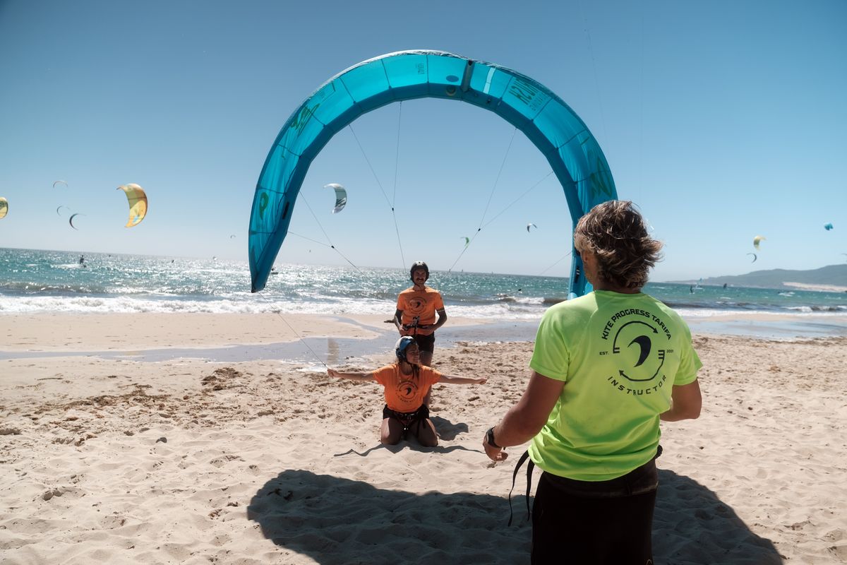 Kiteboarders on the beach in Tarifa, Spain, a small Andalusian town near the convergence of the Mediterranean Sea and Atlantic Ocean. The town has more than 60 internationally accredited kiteboarding schools.  (Courtesy of LILO DELGADO)
