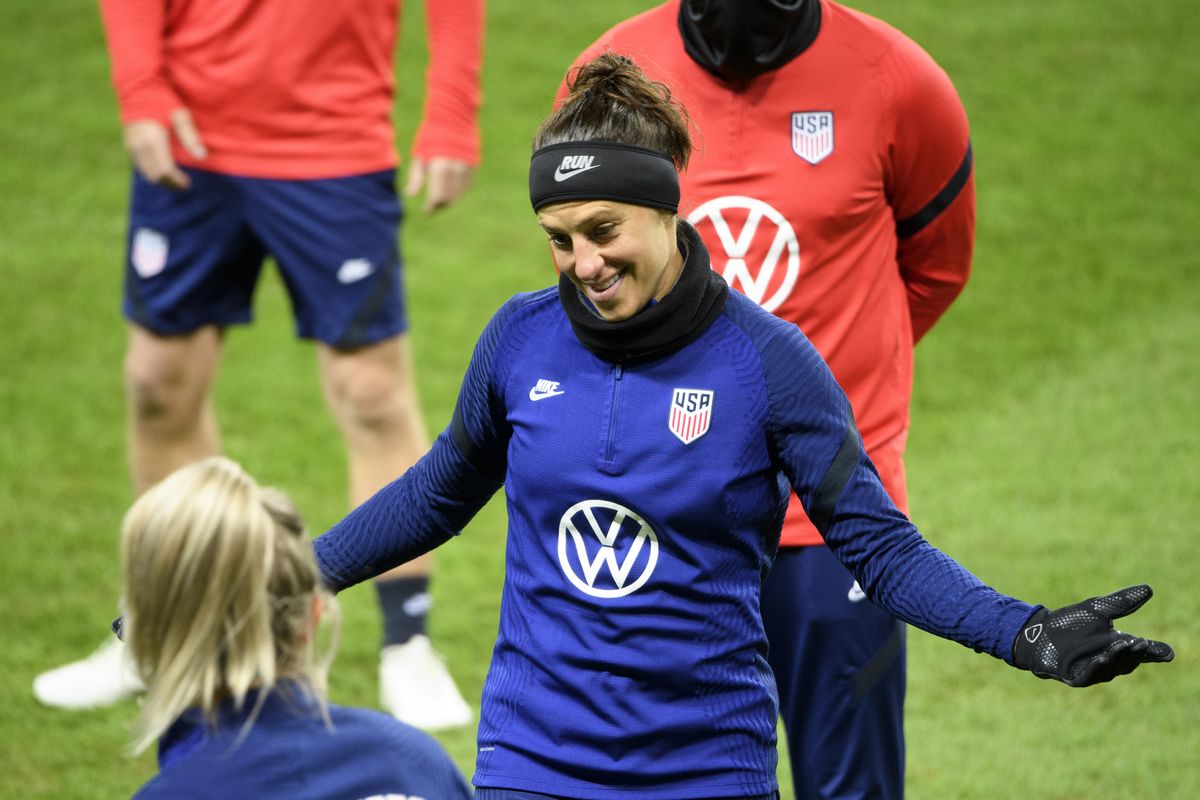 Carli Lloyd of the US and her teammates train at Friends arena in Stockholm, Sweden, Friday April 9, 2021, ahead of the friendly international soccer match against Sweden on Saturday.  (Associated Press)