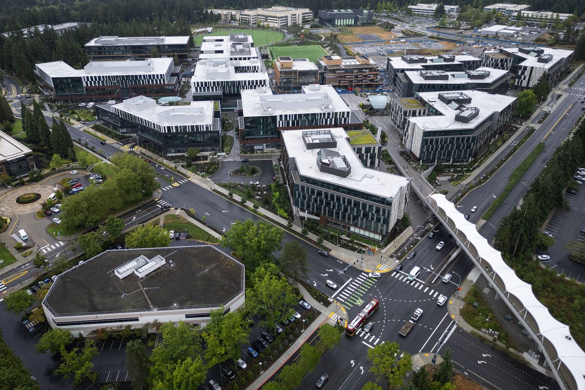 A pedestrian bridge leading into Microsoft’s east campus is seen from the air Tuesday, in Redmond, Wash. (Ken Lambert/The Seattle Times/TNS)
