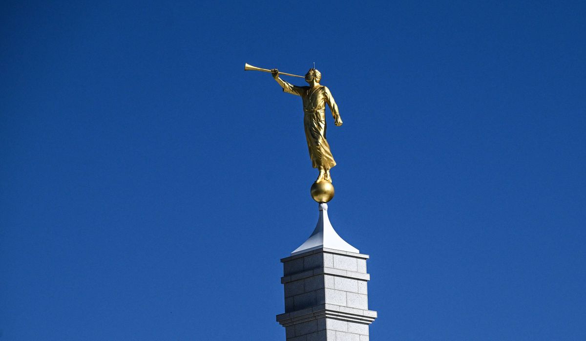 A statue of the Angel Moroni sits atop the spire of the Morman Temple in Spokane Valley on Thursday. (Kathy Plonka/The Spokesman-Review)