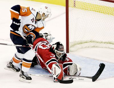Devils goalie Martin Brodeur earned his 539th career victory. (Associated Press / The Spokesman-Review)