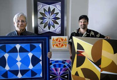 
Vern McClung, left, draws in colored pencil. His son and manager, Marshall McClung, digitizes and markets the prints, called InkyDoodles Designs. The pieces pictured are  clockwise from lower left, designs #242, #38, #89, #342 and #83. 
 (Holly Pickett / The Spokesman-Review)