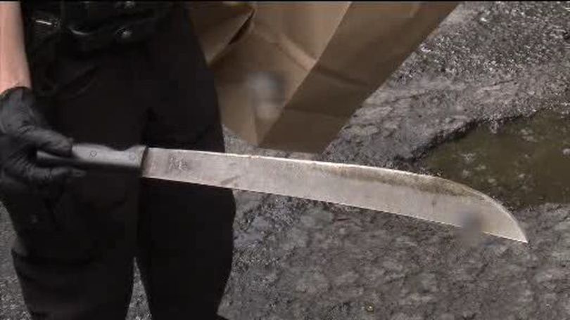 This is the machete used in the June 17 attack. Douglas Harmon is charged with two counts of first-degree assault. Photo courtesy KHQ. (KHQ)