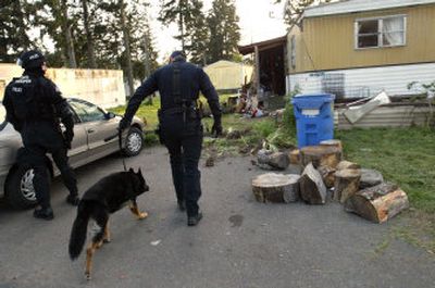 
Centralia police Officer Tracy Murphy leads his dog toward a trailer where a meth-trafficking suspect was arrested. About $26,000 worth of the drug was apparently flushed down a toilet. 
 (Associated Press / The Spokesman-Review)