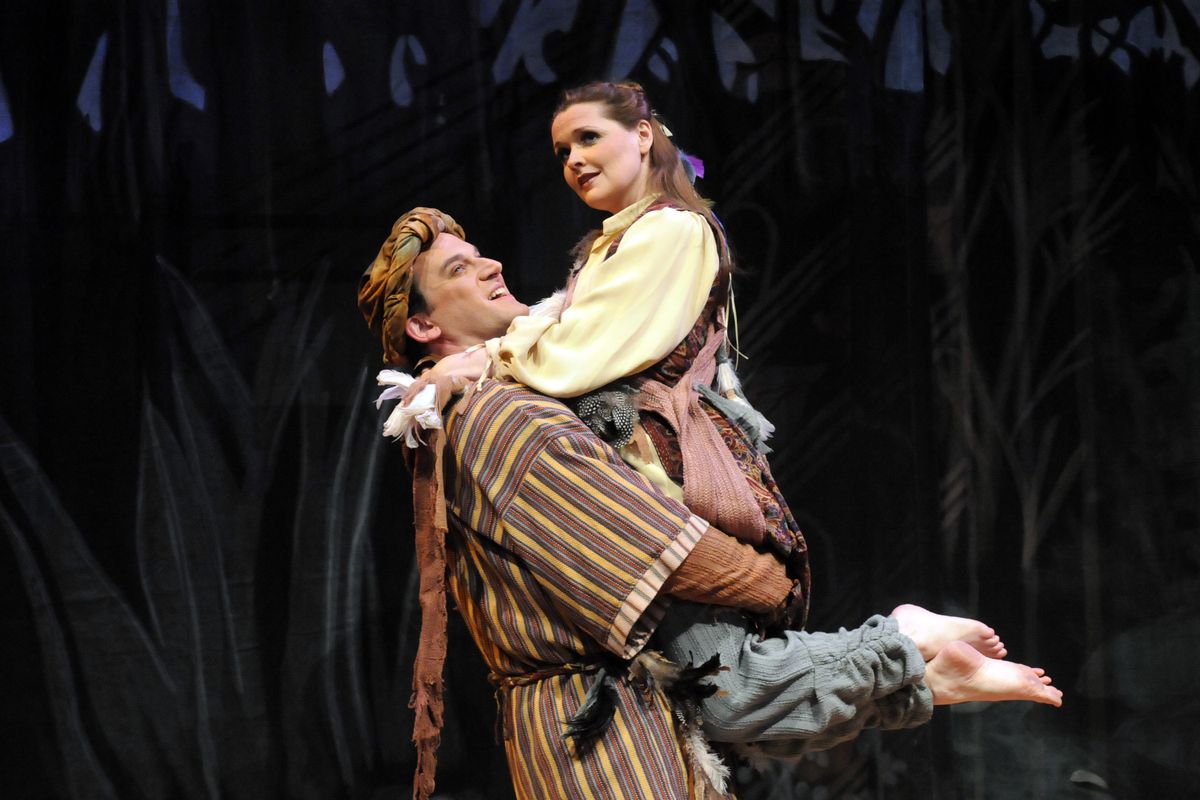 Characters Papageno (Morgan Smith) and Papagena (Dawn Wolski) canoodle in a scene from "The Magic Flute" being staged by the Spokane Opera and opening Jan. 29, 2009, at the Fox.  (Jesse Tinsley/The Spokesman-Review)