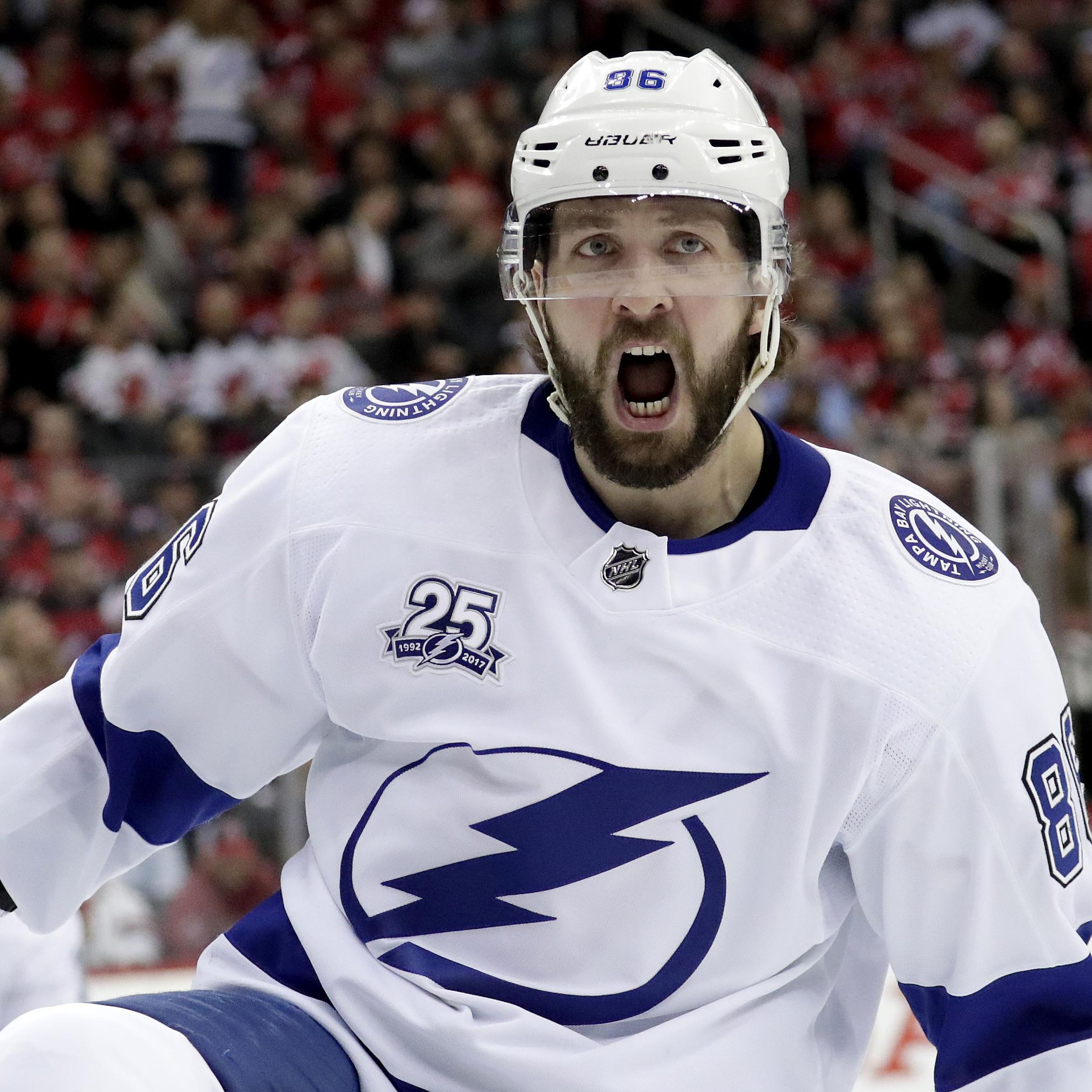 Tampa Bay Lightning right wing Nikita Kucherov, of Russia, celebrates his  goal against the New Jersey Devils during the first period of Game 4 of an  NHL first-round hockey playoff series, Wednesday