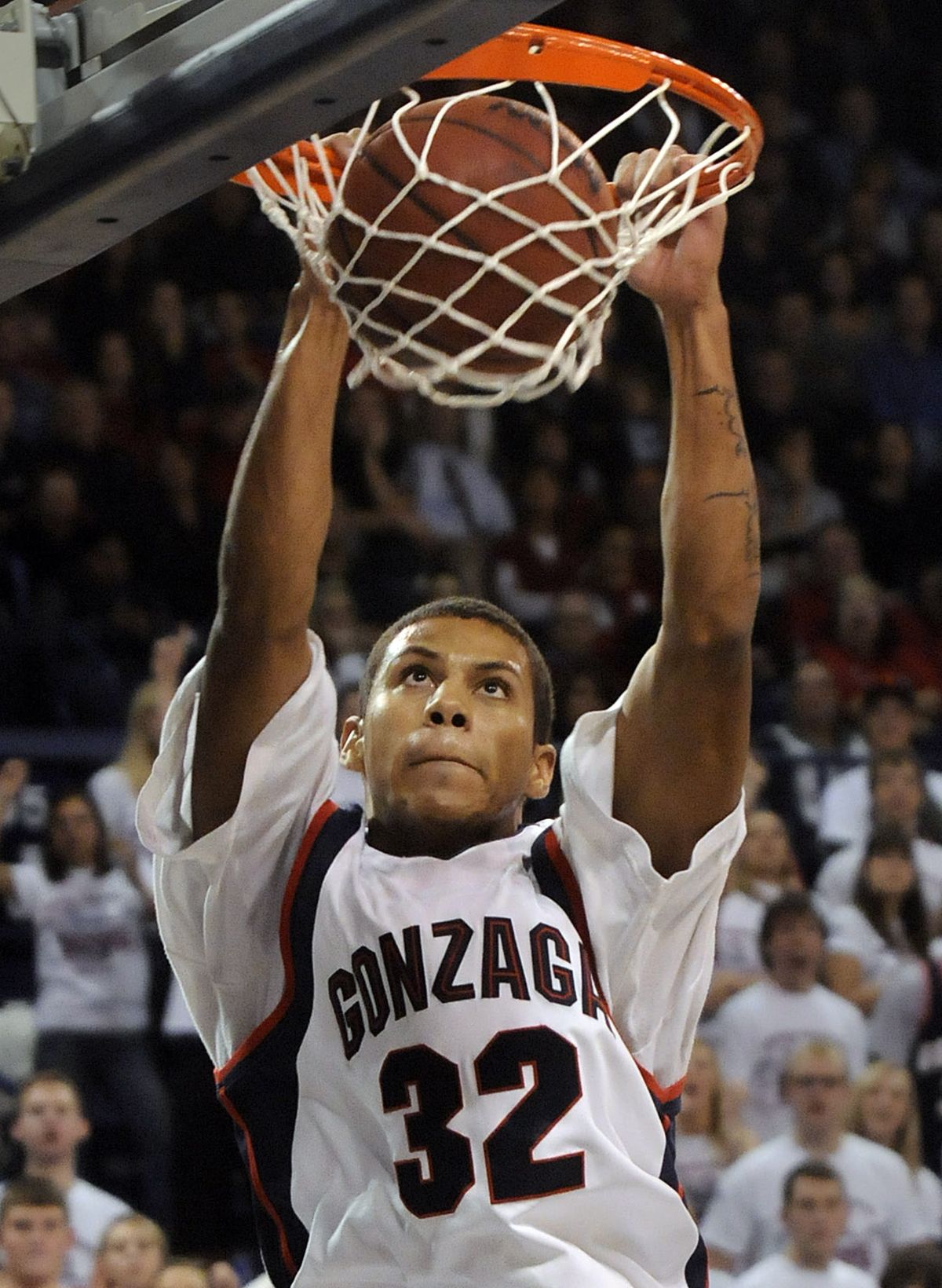 GU’s Steven Gray dunks for two of his 11 points against Idaho on Tuesday. (Dan Pelle / The Spokesman-Review)