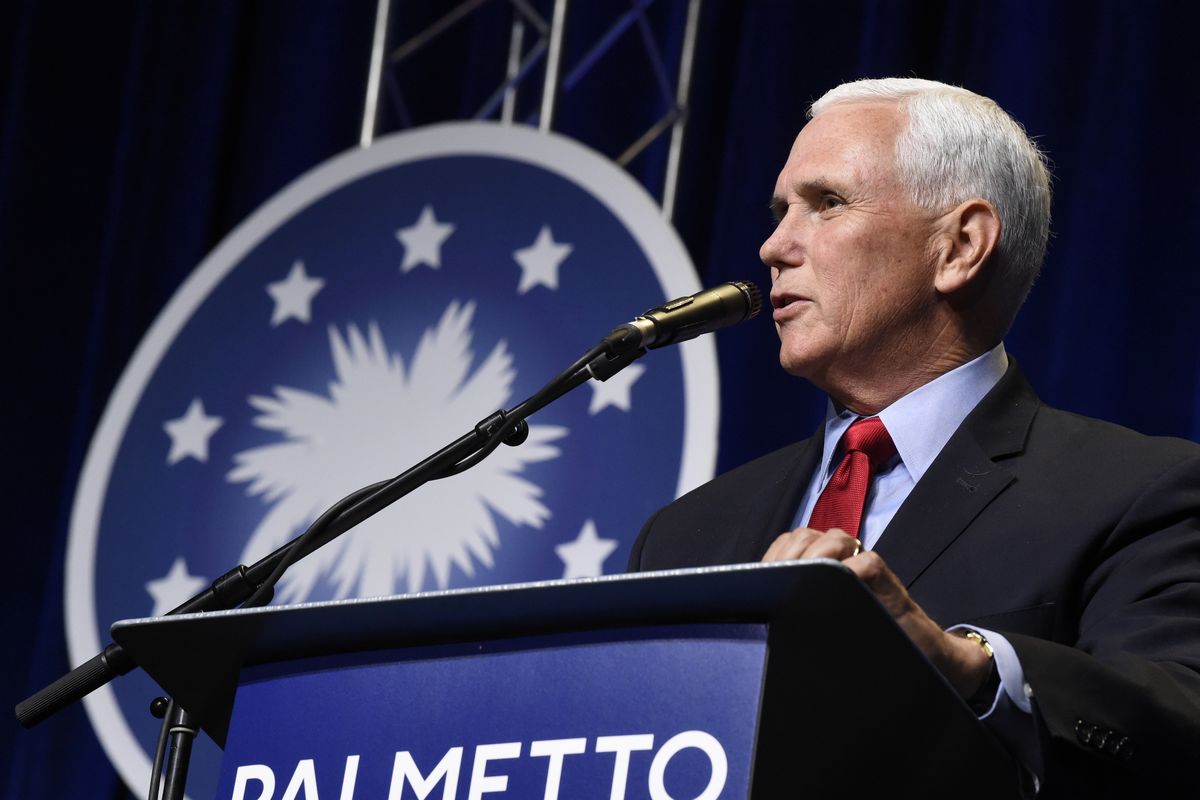 In his first public speech since leaving office, former Vice President Mike Pence speaks at a dinner hosted by Palmetto Family on Thursday, April 29, 2021, in Columbia, S.C.  (Meg Kinnard)