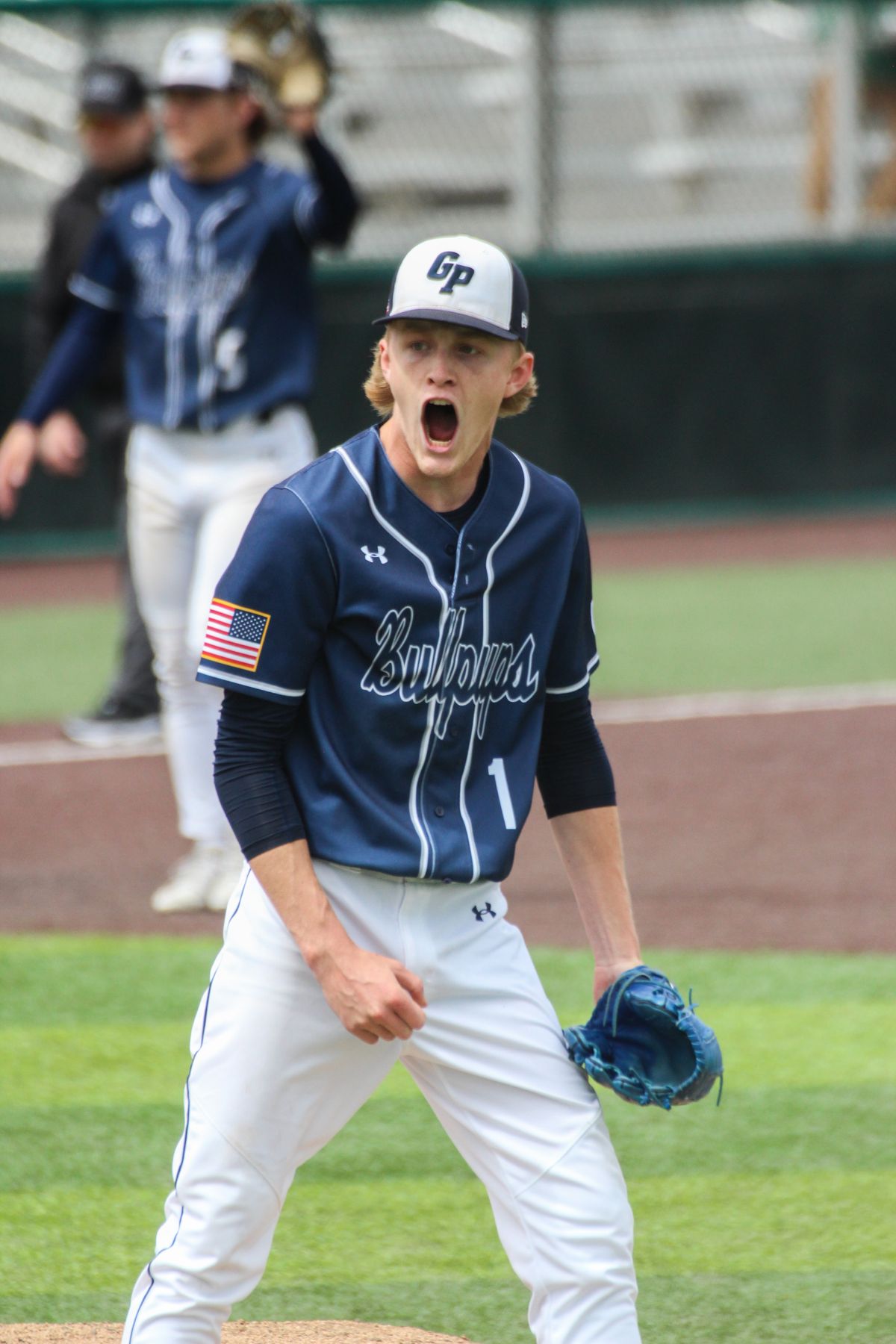 Gonzaga Prep pitcher Dylan Croall reacts after striking out last batter of the seventh inning to secure the Bullpups’ 5-2 win over Richland in a State 4A semifinal at Funko Field in Everett on Friday.  (David Harvey/courtesy)