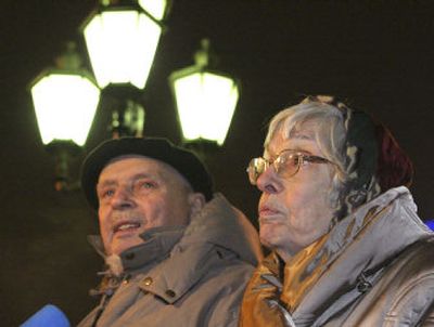 Protest organizer Alexander Yesenin-Volpin, 82, stands with Lyudmila Alexeyeva, 78, who attended the original demonstration on Dec. 5, 1965.
(Associated Press / The Spokesman-Review)