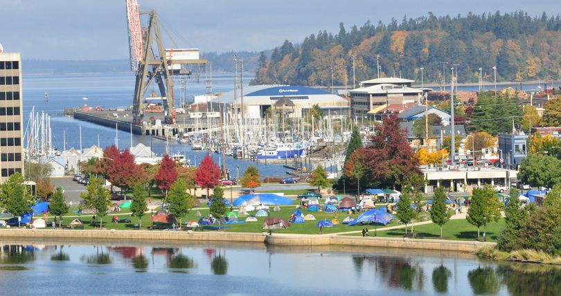 Occupy Olympia protesters pitch tents near Capitol Lake on Oct. 24, 2011. (Jim Camden)