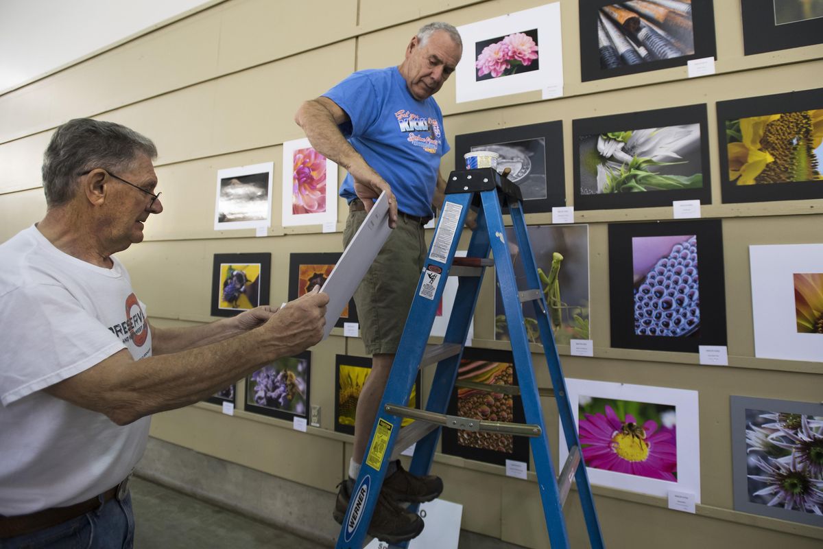 Spokane Camera Club members Steve Shining, left and Dan Harris build a display of macro photography entries Wednesday during setup for the Spokane County Interstate Fair. 380 mounted prints will be on display when the fair opens for its week-long run starting Friday. (Colin Mulvany / The Spokesman-Review)