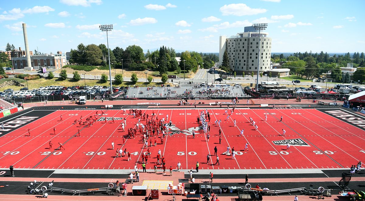 The Eastern Washington Eagles and the Central Washington Wildcats warm up before the EWU/CWU game, Saturday, Sept. 1, 2018, at Roos Field at Eastern Washington University in Cheney. The Eagles beat the Wildcats 58-13.  (JESSE TINSLEY/THE SPOKESMAN-REVIEW)